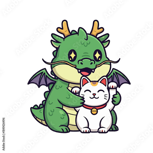 Cartoon dragon affectionately embracing a lucky cat, cute and friendly design isolated on a transparent background