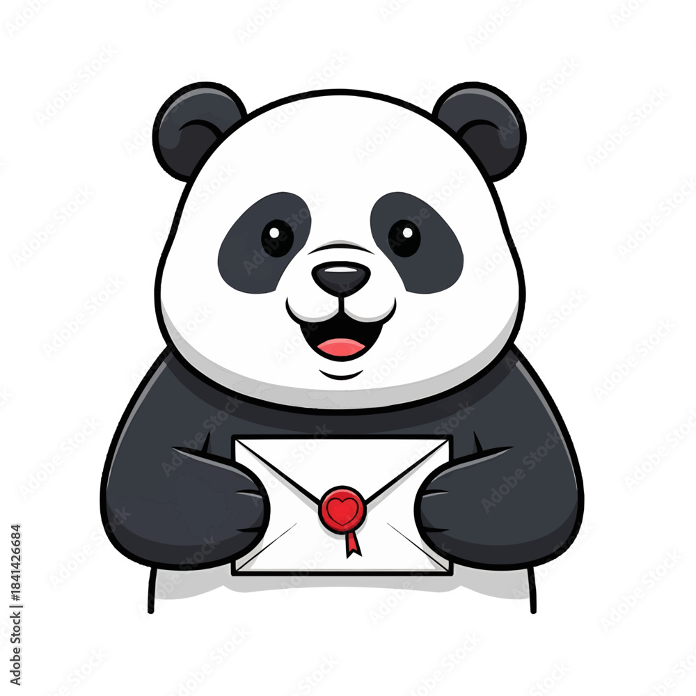 Fototapeta premium Cute panda holding a sealed envelope, a lovely cartoon for various uses. The panda is a charming character in black and white and a cheerful demeanor isolated on a transparent background