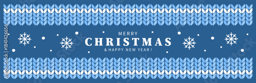 Christmas background with Knitted design and snowflakes. Holiday banner with woolen pattern and winter decor. Vector illustration for poster, cover, marketing, sale.
