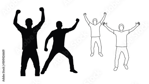 Set of four silhouettes and outlines of people celebrating or cheering with arms raised