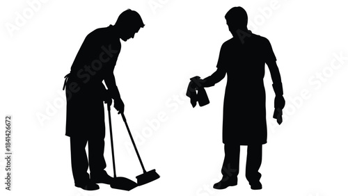 Silhouette of two cleaning staff members, one sweeping and one holding cleaning cloths, representing janitorial or housekeeping services
