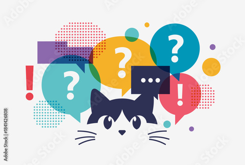 Cute cat peeking from below, surrounded by colorful speech bubbles with question marks and exclamation points, representing curiosity and communication.