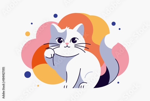 A charming illustration of a white and grey cat with a raised paw, featuring a colorful abstract background.