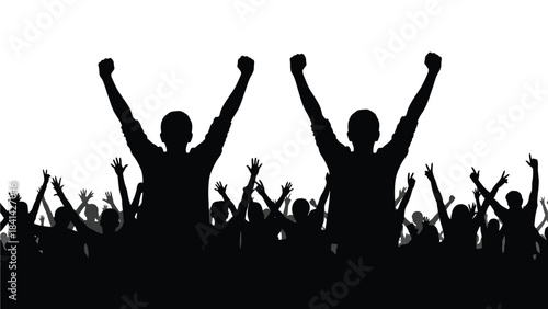 Silhouette of a large crowd of people cheering with arms raised in celebration, protest or concert