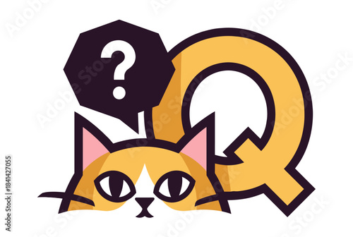 A cute cartoon cat peeking out with a question mark speech bubble and a large golden letter Q.