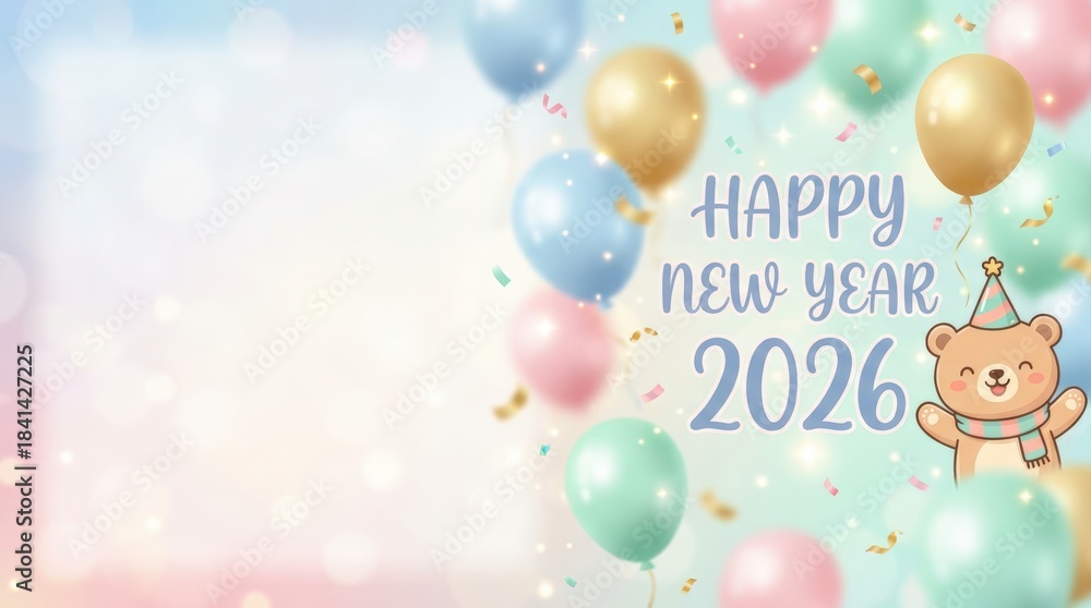 Fototapeta premium Celebratory new year 2026 event featuring colorful balloons and a cute bear festive environment digital art cheerful viewpoint holiday concept for fun and family gatherings