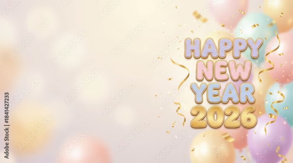 Naklejka premium Exciting new year celebration 2026 with colorful balloons and confetti festive atmosphere graphic design joyful vibe celebratory theme