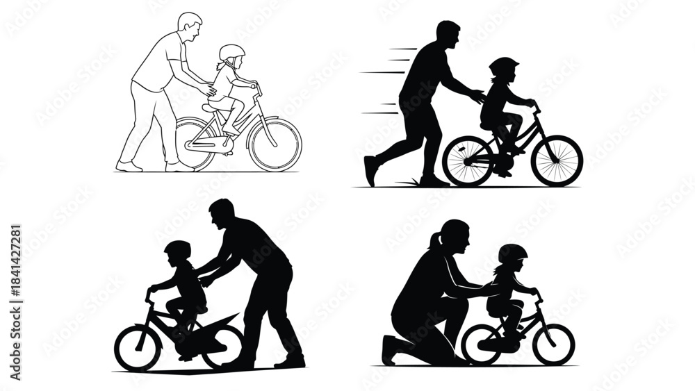 Obraz premium Father teaching child to ride a bicycle, set of four illustrations showing learning process and silhouettes