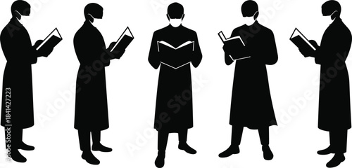 Silhouette, robe, mask, book, reading, group, ceremony, formal, discipline, study, vector, illustration, solemn, academic, religious, posture, black, character, education, tradition, focus