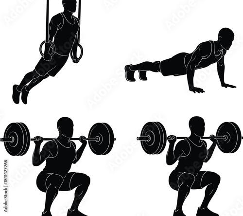 Strength, training, silhouette, exercise, gym, fitness, push-up, squat, ring, dip, barbell, vector, illustration, posture, motion, athlete, bodyweight, workout, power, form, muscle