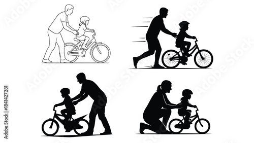 Father teaching child to ride a bicycle, set of four illustrations showing learning process and silhouettes