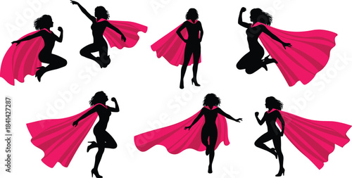 Superhero, woman, silhouette, flying, cape, pink, strong, dynamic, pose, action, empowerment, girl, hero, confident, bold, female, vector, illustration, powerful, fearless