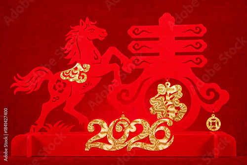 Chinese New Year of Horse 2026 mascot on red translation of the Chinese words are fortune and springtime no logo no trademark