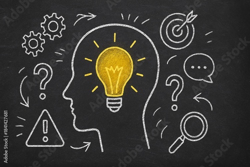 Chalk drawing of human head silhouette with lightbulb idea and thinking process symbols on blackboard