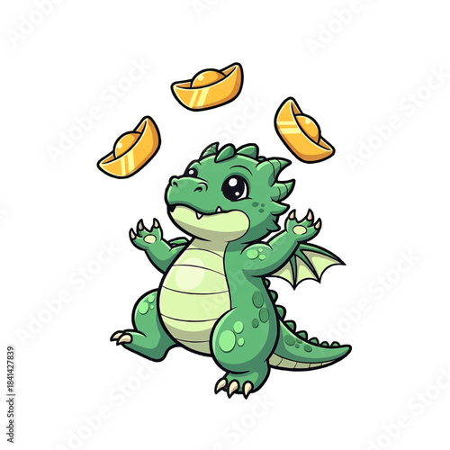 A cute cartoon dragon joyfully juggling golden ingots isolated on a transparent background