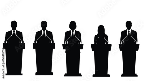 Silhouette of five politicians or business people speaking at lecterns during a debate or conference