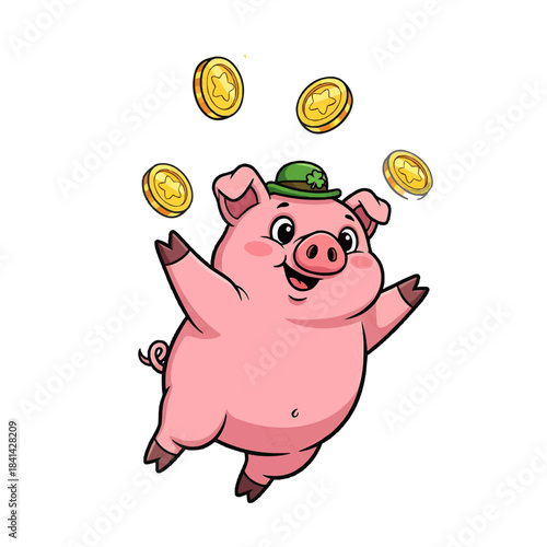 A cheerful cartoon pig juggling gold coins and wearing a hat isolated on a transparent background