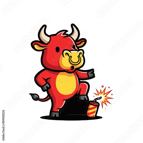 A cartoon bull stepping on a firework isolated on a transparent background