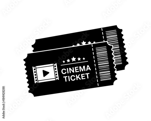 Two overlapping black cinema tickets feature a film strip icon, five stars, and bold "CINEMA TICKET" text alongside perforated stubs with barcodes, evoking the classic excitement of a movie night