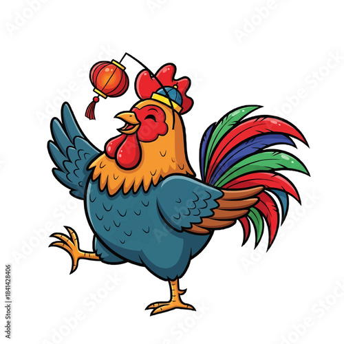 A happy rooster holding a lantern, ready to celebrate the new year. This cheerful rooster is a symbol of good luck and fortune isolated on a transparent background
