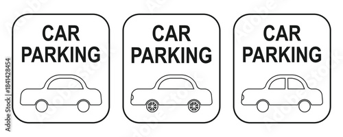 Car parking vector icons set. Car parking icons. Outline parking icons collection. Parking space signs. Parking area symbols.