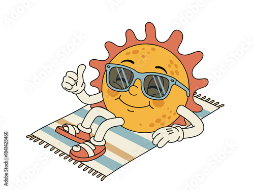 A happy cartoon sun character wearing sunglasses, relaxing on a beach towel, giving a thumbs-up.