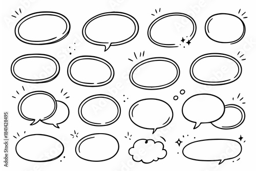 Hand-drawn doodle vector set of ellipse message bubbles, created in a fun, sketchy style, isolated on white background
