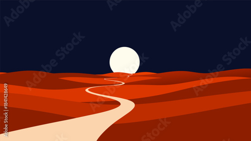 A minimalist illustration of a winding path through red desert dunes under a large full moon in a dark night sky.