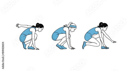 Female athlete illustration in various sprint start positions, depicting athletic preparation and race readiness. Graphic on a white background, side view.