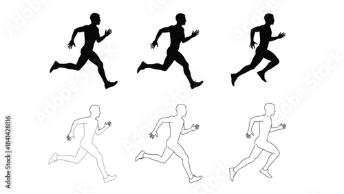 Set of six runner silhouettes and outlines in different poses showing motion and athletic movement