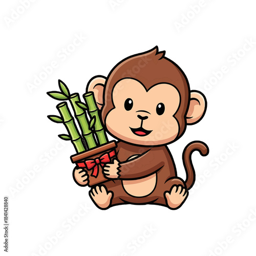 A cute monkey holding a pot of bamboo isolated on a transparent background