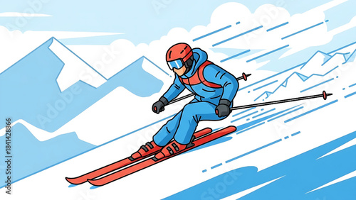 Man Sliding Down Snowy Mountain Slope