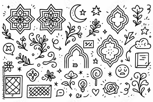 Tableau sur toile Hand-drawn doodle vector set of Islamic decorative elements, created in a playfu