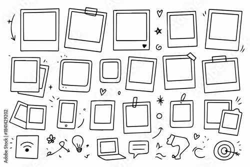 Hand-drawn doodle vector set of Polaroid doodle frames, created in a playful, sketchy style, isolated on white background
