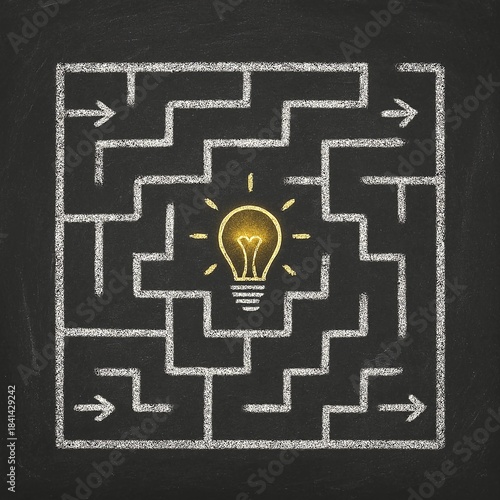 Maze with glowing light bulb idea concept drawn on chalkboard
