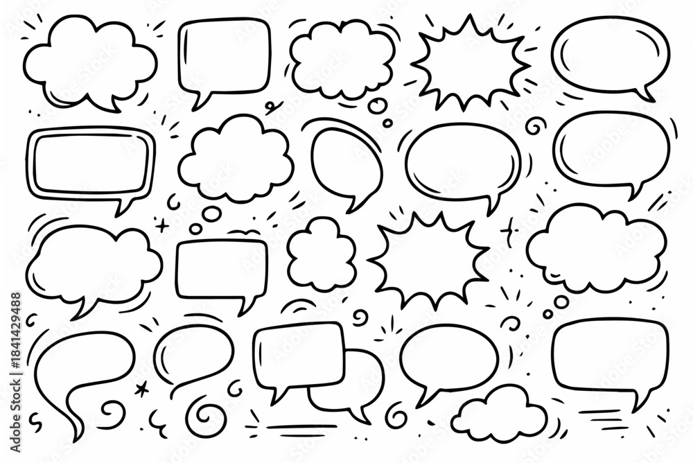 Obraz premium Hand-drawn doodle vector set of speech and call-out shapes, created in a playful, sketchy style, isolated on white background 