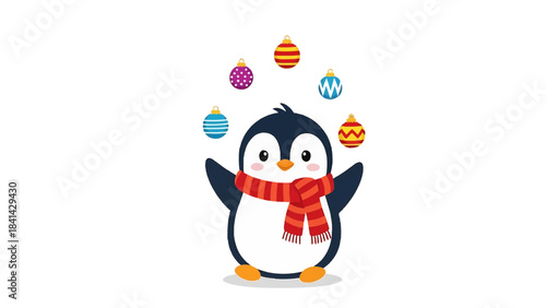 A cute penguin juggling festive ornaments, exuding a playful and joyful vibe. The penguin, adorned with a red scarf, is a cheerful embodiment of winter festivities isolated on a transparent background