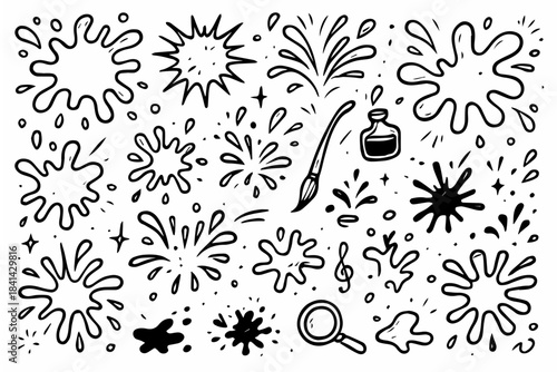 Hand-drawn doodle vector set of splash marks, created in a playful, sketchy style, isolated on white background
