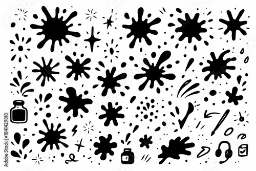 Hand-drawn doodle vector set of splash marks, created in a playful, sketchy style, isolated on white background
