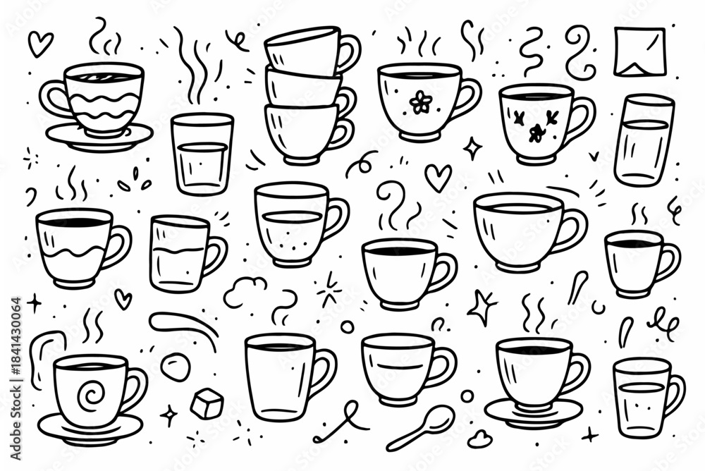 Obraz premium Hand-drawn doodle vector set of tea cups, created in a playful, sketchy, ink-pen style, isolated on white background 