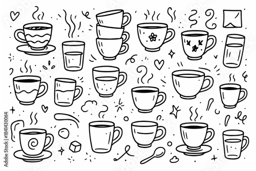 Hand-drawn doodle vector set of tea cups, created in a playful, sketchy, ink-pen style, isolated on white background
