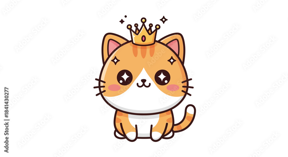 Fototapeta premium Adorable cartoon kitten with a golden crown, a charming and regal pet character illustration, perfect for cute designs, children's books, or royal animal themes