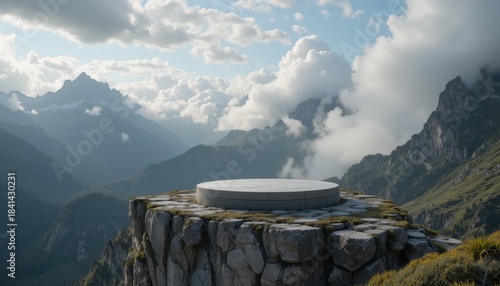 Stunning product display platform on mountain top with cloudy vista