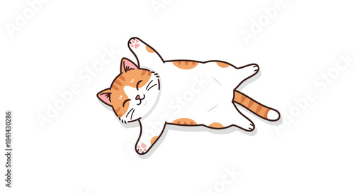 Adorable hand-drawn illustration of a happy orange and white cat blissfully relaxed on its back with paws extended, radiating playful charm and ultimate feline contentment
