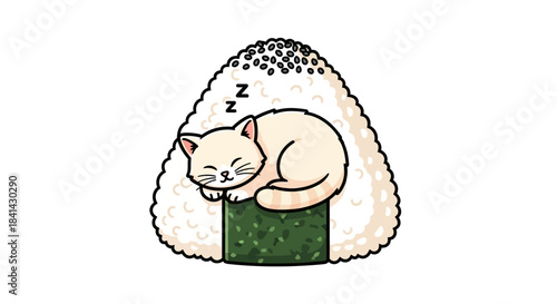 Charming cartoon illustration of a peacefully sleeping cream-colored cat resting cozily atop a traditional Japanese onigiri, creating an adorable blend of comfort and Asian culinary delight
