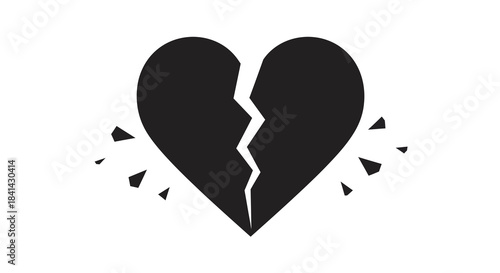 Black broken heart icon, split in half, symbolizing profound emotional pain, sorrow of a failed relationship, significant personal loss, and deep heartbreak