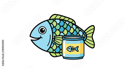 Cartoon of a happy fish next to a can of fish food, illustrated in a simple and clean style