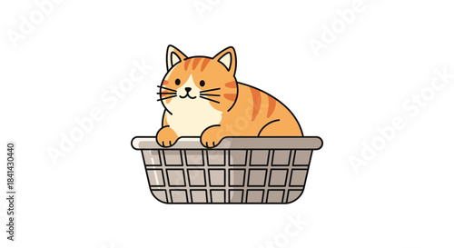 Adorable orange tabby cat with striped fur resting comfortably in a woven basket, depicted in a charming illustration