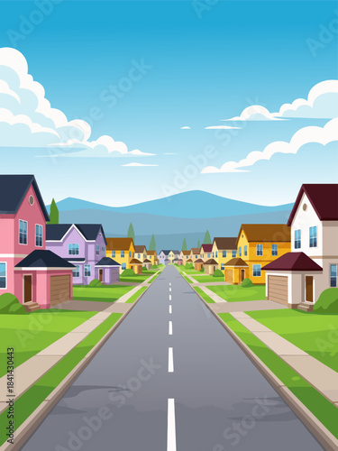 A vibrant cartoon illustration of a suburban neighborhood street lined with colorful houses and green lawns under a blue sky with mountains in the background.