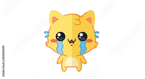Cute cartoon yellow cat crying with big eyes and tears, adorable and sad emotion, vector illustration